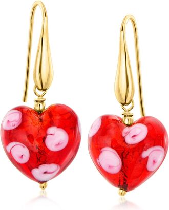 Ross-Simons Italian Murano Glass Red Heart Drop Earrings in 18kt Gold Over Sterling