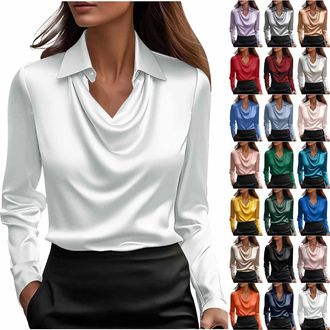 Generic Satin Blouse for Women Elegant Cowl Neck Tops for Womens Casual Long Sleeve Top Loose Ladies Tshirts Pleated Turndown Collar Fashion Silk Shirts Offic