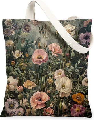 Generic Spring Aesthetic Poppy Canvas Tote Bag for Shopping 13x15, Vintage Flower Garden Reusable Grocery Print Pattern Bag for Women Men, Floral Wildflower A