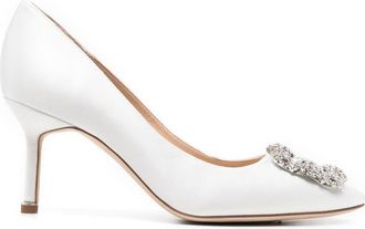 Manolo Blahnik 70mm Hangisi crystal-buckle pumps - women - Silk/Viscose/Calf Leather/Calf Leather - 37 1/2 - Neutrals