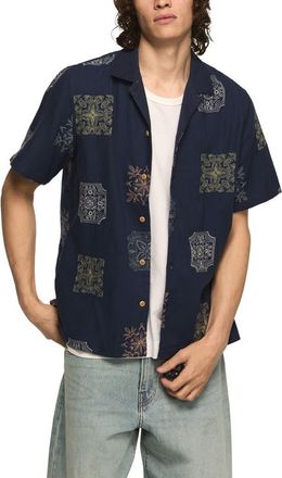Lucky Brand Embridered Tile Pattern Cotton Camp Shirt in Blue Multi at Nordstrom, Size Medium