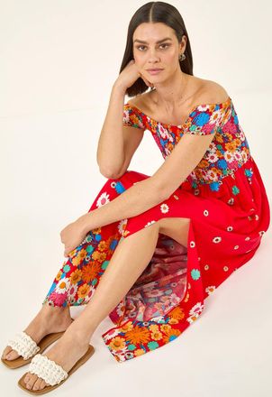 Roman Floral Print Bardot Shirred Midi Dress