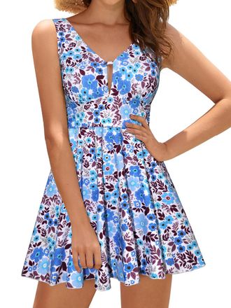 SHEKINI Womens Swim Dress One Piece Swimsuit Hollow Out Swimwear Padded Sexy V Neck Swimming Costume with Boyshort, Blue, XL
