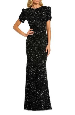 Mac Duggal Womens Embellished Mesh High Neck Puff Sleeve Gown in Black at Nordstrom, Size 10