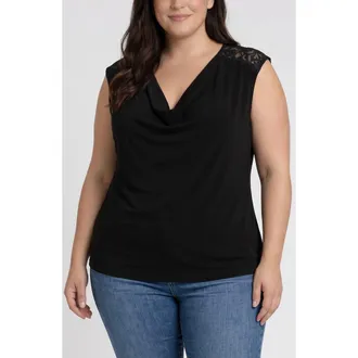 Liverpool L.A. Draped Neck Lace Trim Top in Black at Nordstrom, Size 2X