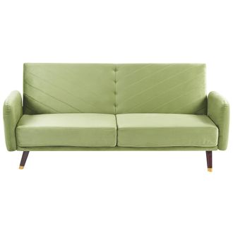 Beliani Sof&aacute; Cama 3 Plazas De Terciopelo Verde Oliva Madera Oscura Reclinable Senja