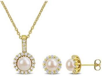 Delmar Cultured Pearl & Cubic Zirconia Halo Pendant Necklace & Stud Earrings Set in Gold at Nordstrom Rack