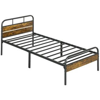 HOMCOM Single Bed Frame With Headboard - No Box Spring Needed - Rustic Brown | TJ Hughes