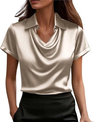 Generic Womens Cowl Neck Satin T Shirts Summer Short Sleeve Tops Elegant Dressy Work Office Blouse Business Casual Loose Lightweight Tee Shirts