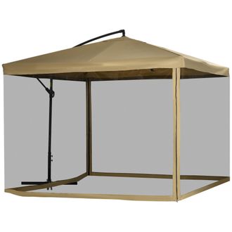 OEM Sombrilla De Jard&iacute;n Exc&eacute;ntrica 296x296x265 Cm Con Manivela Mosquitera Y Base Cruzada Para Terraza Patio Color Beige