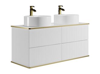 Vente-Unique Mueble de ba&ntilde;o suspendido estriado con ribete dorado y doble lavabo redondo para colocar - Blanco - 120 cm - KELIZA