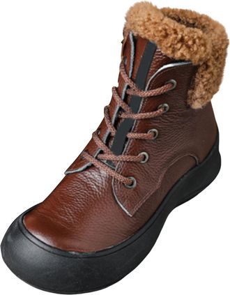 Generic Warm Fleece Lined Leather Lace up Ankle Boots for Women, Soft Genuine Leather Winter Booties, Anti Slip Rubber Sole Round Toe Comfort Walking Shoes, C