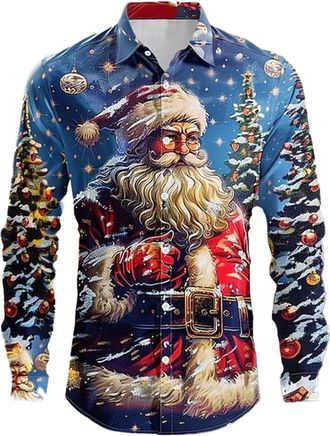 Generic Mens Christmas Shirts Funny Santa Claus 3D Printed Xmas Party Dress Shirts Long Sleeve Button Down Casual Regular Fit Festive Holiday Tops