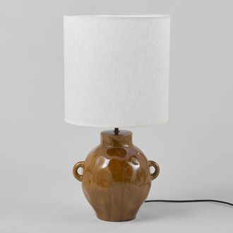 Maisons du monde L&aacute;mpara de gres marr&oacute;n con pantalla de lino beige