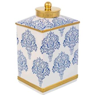 Wanderlust Deco Jarron De Ceramica Blanco Y Azul, 15,5x12,5x26h Cm