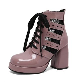 Generic Womens Round Toe Spring Shoes Patent Leather Mesh Cutout Lace-Up Low Block Heel Platform Cushioned Insole Anti-Slip Durable Comfortable Fit,Pink,4.5 U