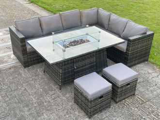 Fimous Outdoor Rattan Garden Corner Furniture Gas Fire Pit Table Sets Gas Heater Small Footstools 8 Seater in Dark Grey