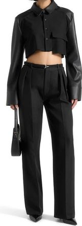 Mani&egrave;re De Voir Bernadette Leather Contrast Cropped Shirt in Black at Nordstrom, Size 10