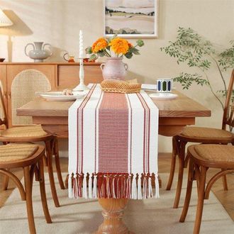 No Brand Camino De Mesa Bohemio De Algod&oacute;n Y Lino Con Borlas - Mantel Tejido A Cuadros Grueso De 35x240 Cm - Lavable - Para Fiestas Campestres, Exteriores, Bod