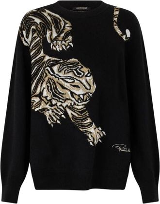 Roberto Cavalli Wollen trui met tijgermotief - Dames - Ronde hals truien - Zwart - M - Wol - Truien & Vesten