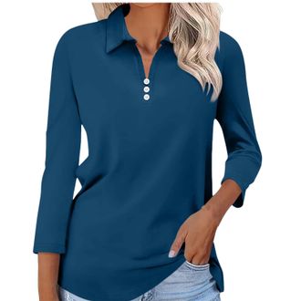 Generic HUIFUAO 3/4 Sleeve Tops for Women Plus Size V Neck Polo Shirt Summer Basic Elegant Blouse Button White Ladies Tunic Tshirt (Blue 4, M)