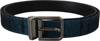 Dolce & Gabbana Blue Jacquard Moire Silver Metal Belt Men Leather
