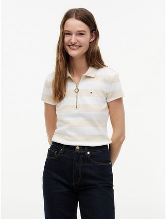 Tommy Hilfiger Womens Slim Fit Rugby Stripe Zip Polo - Beige - XXL