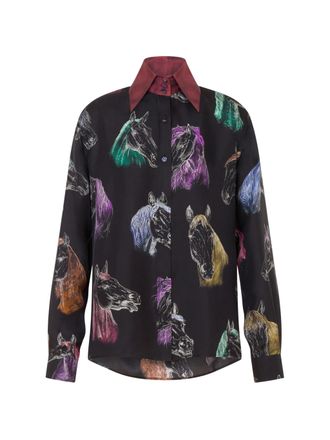 Moschino Black Horse Head Print Contrast Collar Silk Shirt