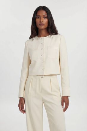 Karen Millen Womens Satin Tux Tailored Collarless Cropped Blazer - White - Size 16 UK