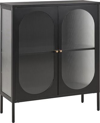 Beliani Aparador De Metal Negro Dorado 90 X 35 Cm 2 Puertas Cristal Frontal Lateral Sarre
