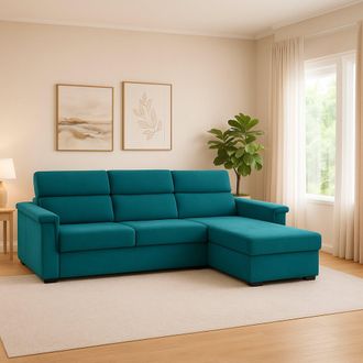 Dmora Sof&aacute; Fijo Con Pen&iacute;nsula Zelinda, Sof&aacute; Esquinero Para Sal&oacute;n, Acolchado, Desenfundable, Calidad 100% Made In Italy, 285x160 H100 Cm, Azul Claro - Dmora