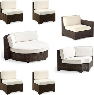 Frontgate Palermo 7-pc. Left-Facing Daybed Set In Bronze Wicker - Standard, Air Blue with Natural Piping - Frontgate