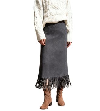 Generic Womens Fringe Trim Faux Suede Skirt, Vintage Western Retro Style, Dressy Casual, Fall Winter Midi Long Skirt with Tassel (Dark Gray,XL)