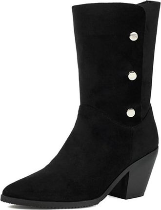 Generic Womens Western Chunky Heel Ankle Boots Pointed Toe Fold Over Wide Calf Slip On Casual Versatile Shoes (Black,8.5)