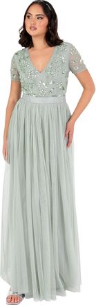 Maya Womens Maxi Ladies Floral Sequin Embellished V-Neck Short Sleeve Tulle Sash Tie Belt Empire A-line Bridesmaid Dress, Green Lily, 12 UK
