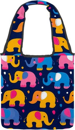 Generic Cute Elephants Lined Up Reversible Canvas Shoulder Tote - Double-Sided Print, 12oz Cotton, 27cm Drop, Fold-Flat Bag for Travel, Shopping, Street Outin
