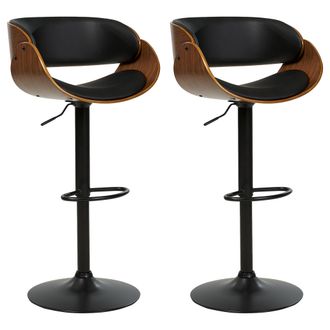 Beliani Conjunto De 2 Sillas De Bar Giratorias De Piel Sint&eacute;tica Reposapi&eacute;s Respaldo Ajustable Negro Madera Oscura Baku Ii