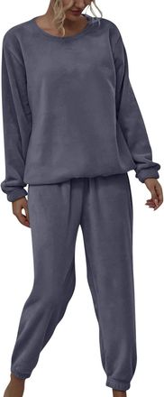 Generic Womens Soft Warm Fleece Crew Neck Long Sleeves Pyjamas 2 PieceSet Comfort Fluffy Loungewear Set Solid Color Flannel Pants Leisure Wear Suit