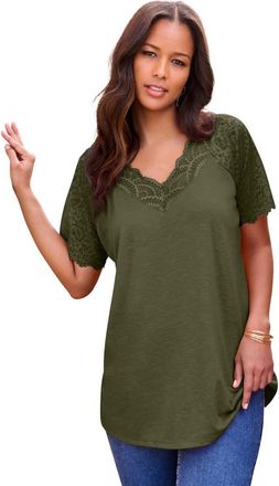 Roaman's Plus Size V Neck Short Sleeve Lace Trim Tee in Dark Olive Green at Nordstrom, Size 20