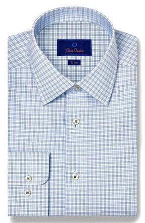David Donahue Trim Fit Twill Check Dress Shirt in Sky/Petrol at Nordstrom, Size 17.5 - 34