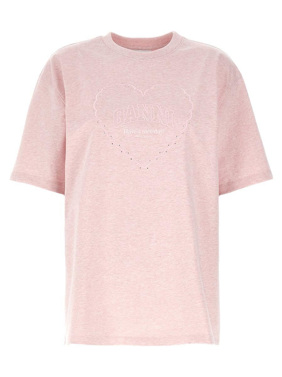 Tシャツ・カットソー GANNI Woman T-Shirt Pink T4090 868 Chalk Pink Pink Heavy Cotton Drop Shoulder Heart T-shirt | GANNI