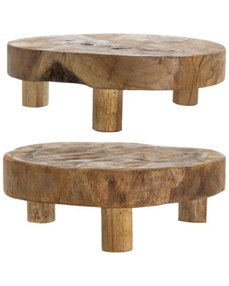 A&B Home Set Of Two 11.8In Teak Footed Round Trays