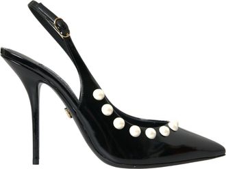 Dolce & Gabbana Black Leather Faux Pearl Heel Slingback Womens Shoes