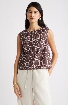 Nordstrom Floral Gathered Neck Poplin Sleeveless Top in Brown Floating Ginko at Nordstrom, Size Xx-Large