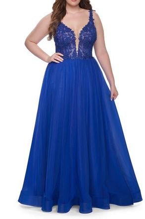 La Femme Deep V Plus Size Tulle Dress with Lace Illusion Bodice in Royal Blue at Nordstrom, Size 12W