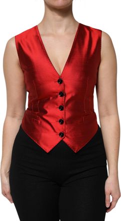 Dolce & Gabbana Womens Red Black Button Down Sleeveless Vest Top And Silk Elastane