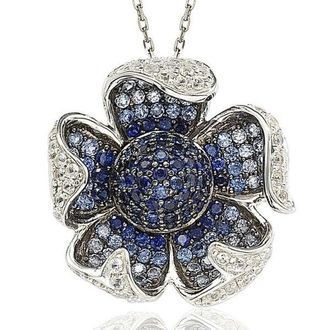 Suzy Levian Sterling Silver Sapphire and Diamond Pave Flower Pendant with Chain