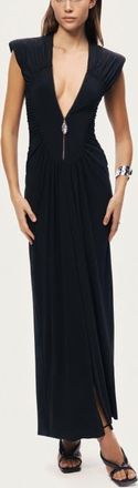 Nocturne Ruched Deep V-Neck Maxi Dress in Black at Nordstrom, Size X-Small Eu