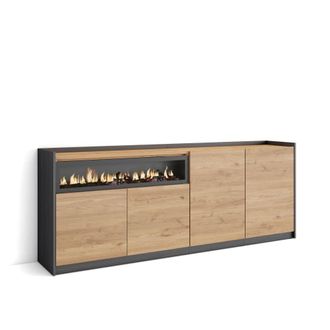 Skraut Home Aparador efecto madera roble y negro 210x37x80cm chimenea efecto fuego