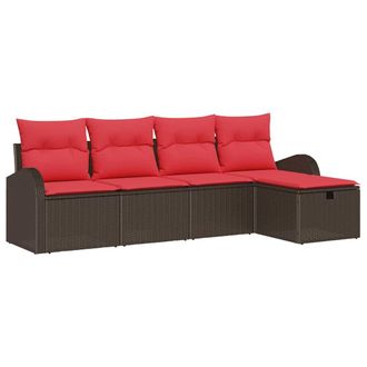 vidaXL Juego De Sof&aacute; Con Coj&iacute;n 5 Pcs Marr&oacute;n Y Rojo Rat&aacute;n Sint&eacute;tico Vidaxl